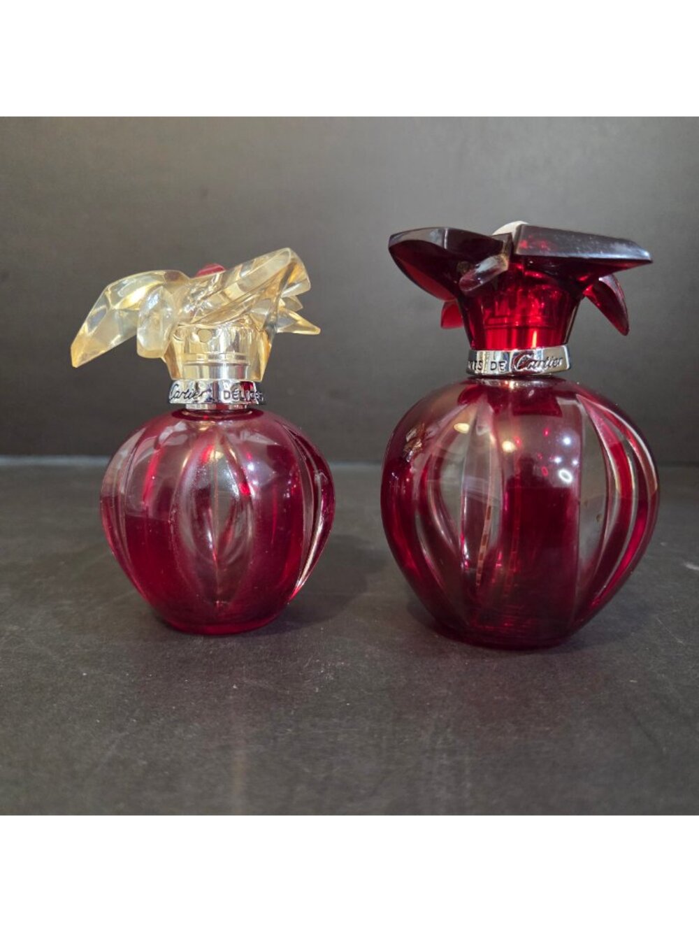 Cartier Delices Red Glass Flacons Vanity Bottles Set of 2 Vanity Tray Collectors